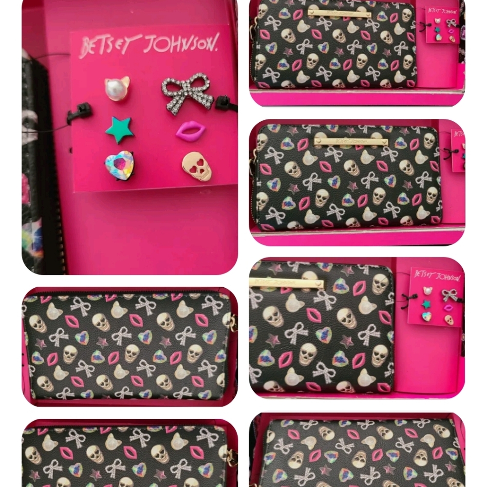 2 PC SET BETSEY JOHNSON SKULLS LIPS STAR DIAMOND WALLET W/ BONUS STUD EARRINGS